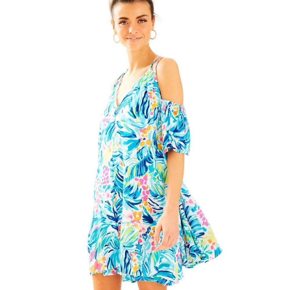 Lilly Pulitzer Bellamie Swing Dress Womens Large Blue Tropical Floral Excellent